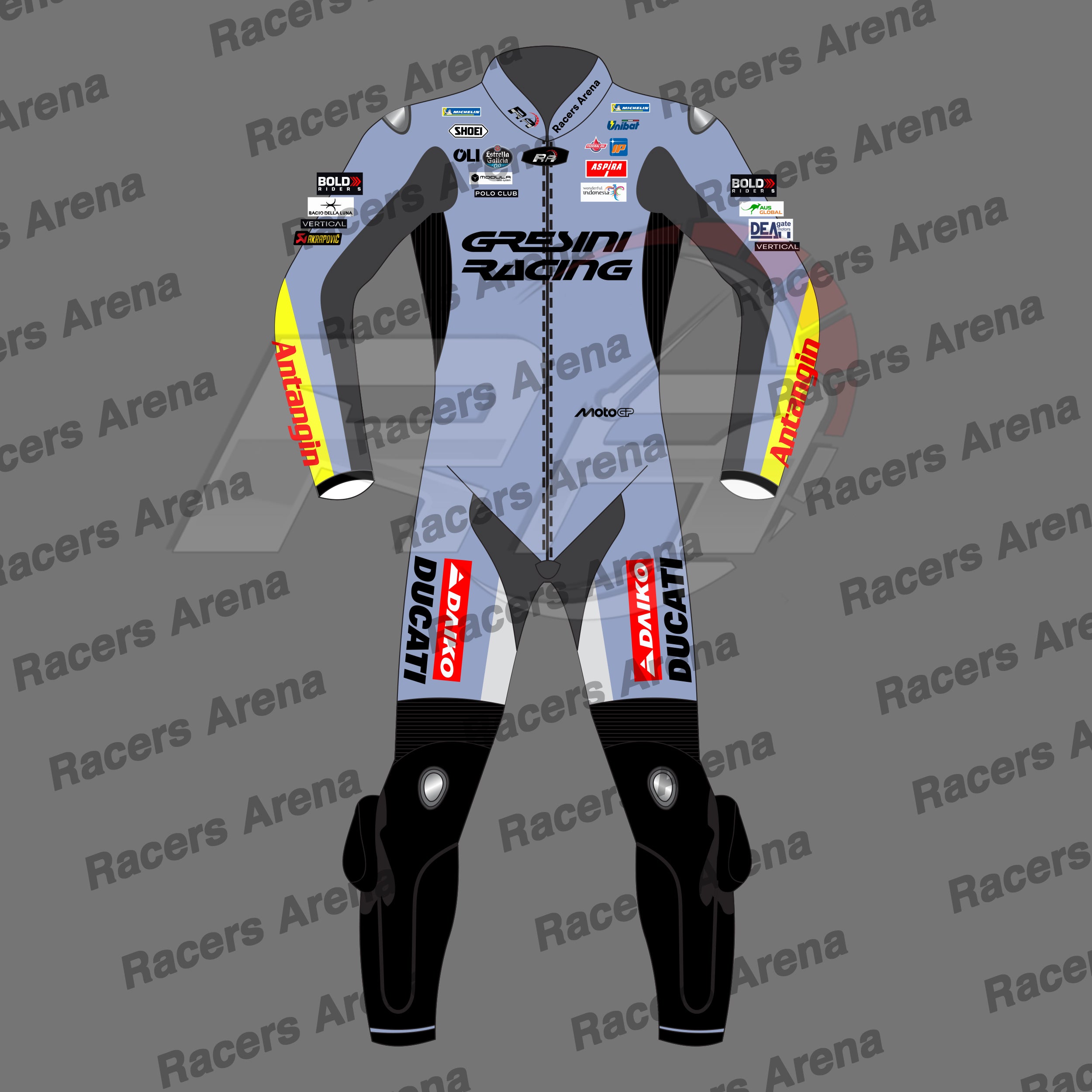 Alex Marquez MotoGP 2025 Gresini Ducati Motorcycle Leather Race Suit Front