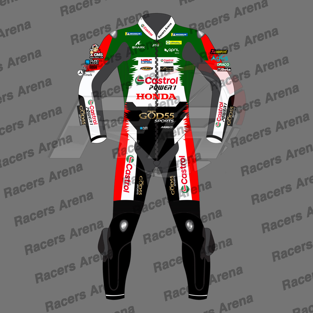 Johann Zarco Castrol Honda LCR MotoGP 2026 Motorcycle Leather Race Suit Front
