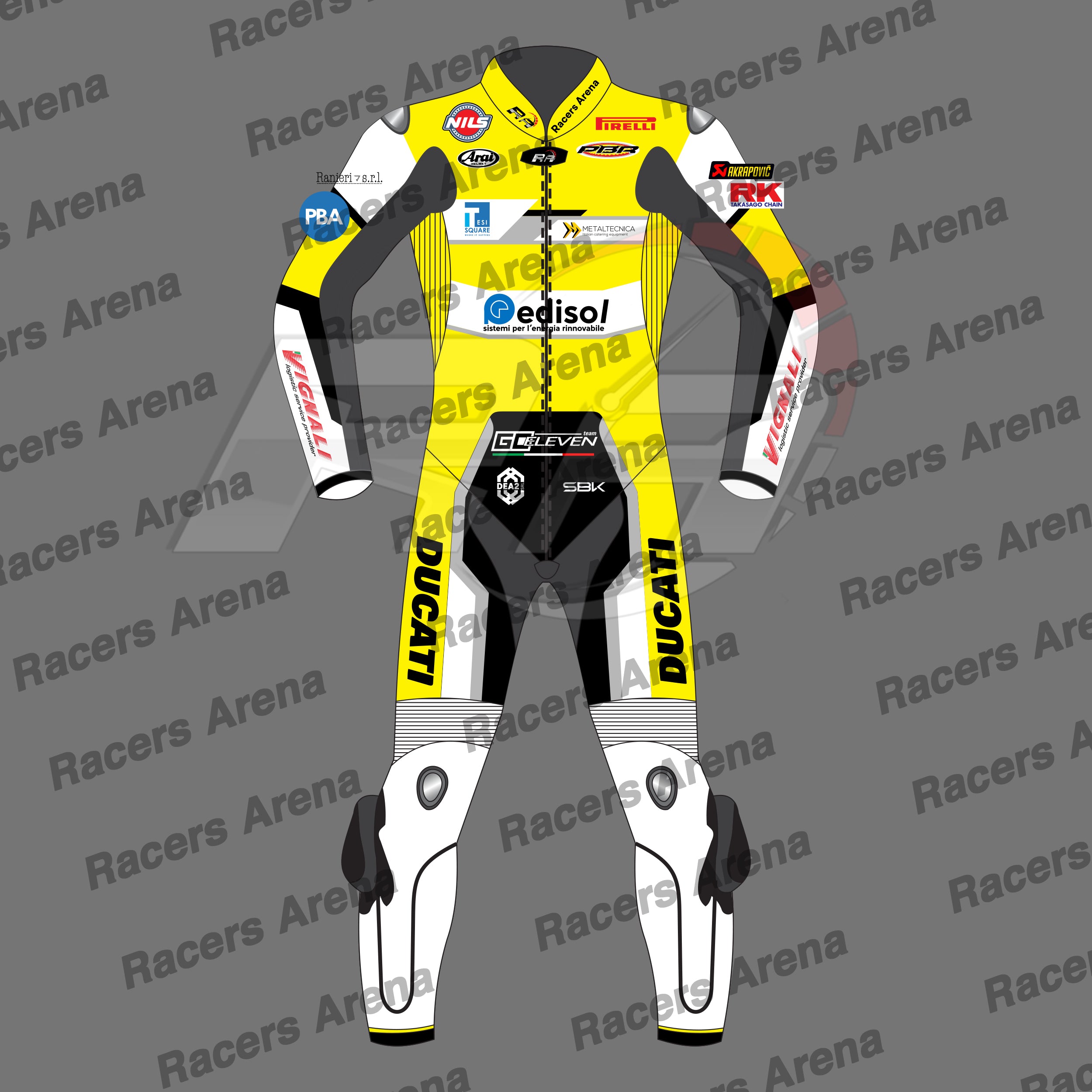 A full motorcycle racing suit shown front-facing on a gray background with repeated 'Racers Arena' watermark text. The suit is predominantly bright yellow with black and white sections, plus multiple sponsor logos including Ducati, Castore, Pirelli, and others.