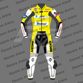 A full motorcycle racing suit shown front-facing on a gray background with repeated 'Racers Arena' watermark text. The suit is predominantly bright yellow with black and white sections, plus multiple sponsor logos including Ducati, Castore, Pirelli, and others.