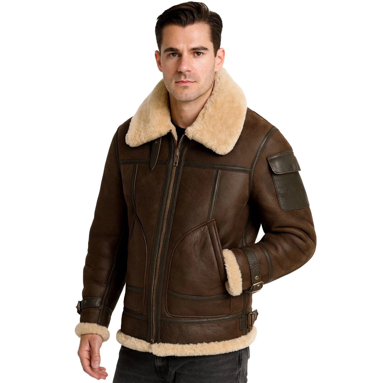 A man wearing a brown leather aviator-style jacket with a thick beige shearling collar and lining, photographed against a plain white background.