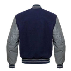 Marineblaue Collegejacke mit grauen Lederärmeln