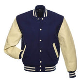 Marineblaue Collegejacke mit Ärmeln aus Naturleder