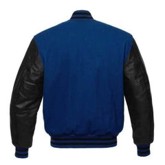 Königsblaue Letterman-Jacke mit schwarzen Lederärmeln