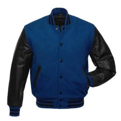 Königsblaue Letterman-Jacke mit schwarzen Lederärmeln