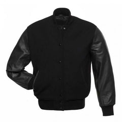 Einfarbige schwarze Collegejacke mit Lederärmeln