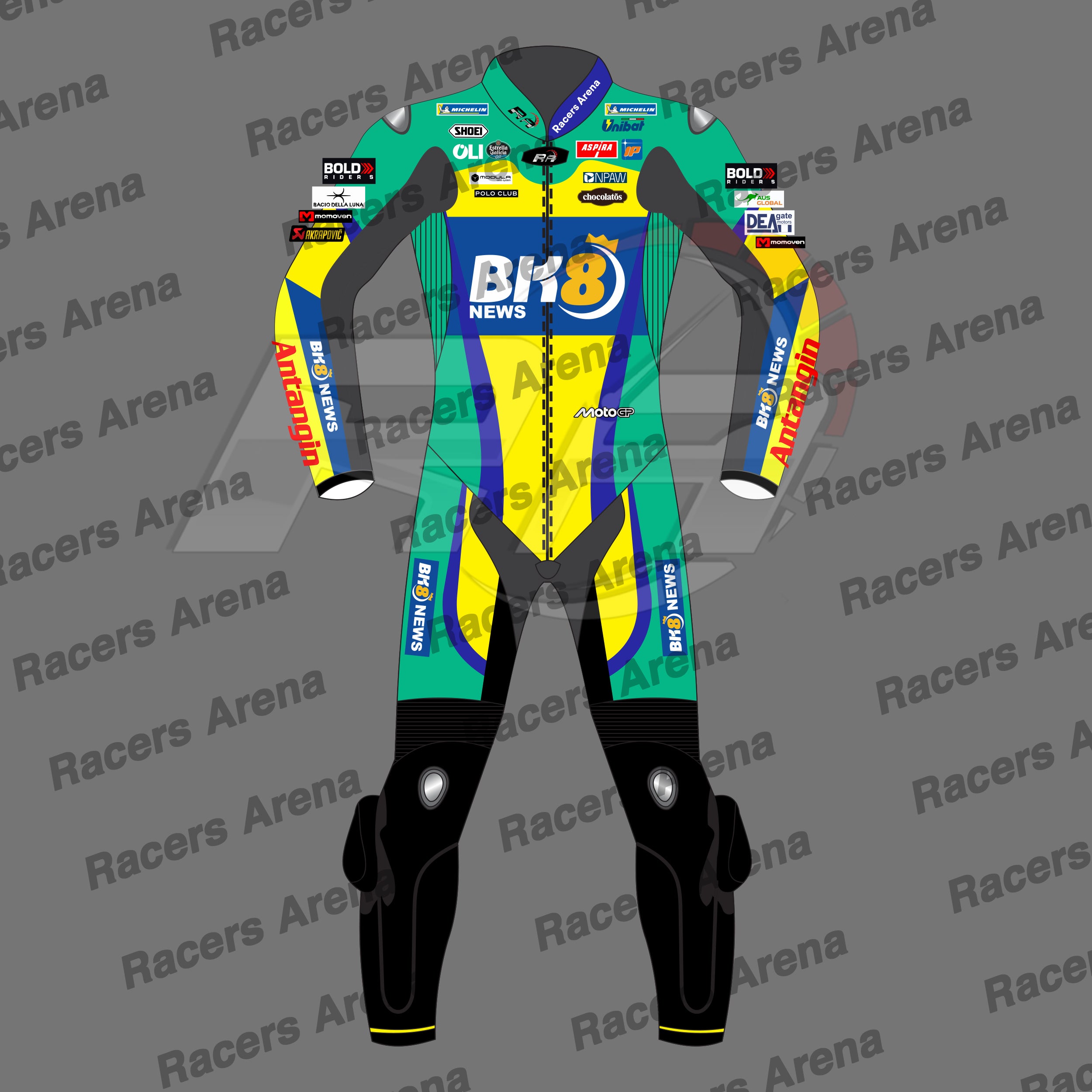 A full-body motorcycle racing suit shown front-facing on a gray background with repeated 'Racers Arena' watermark text. The suit is primarily black with large teal, yellow, and blue graphics, plus multiple sponsor logos and a central 'BK8 NEWS' chest graphic.