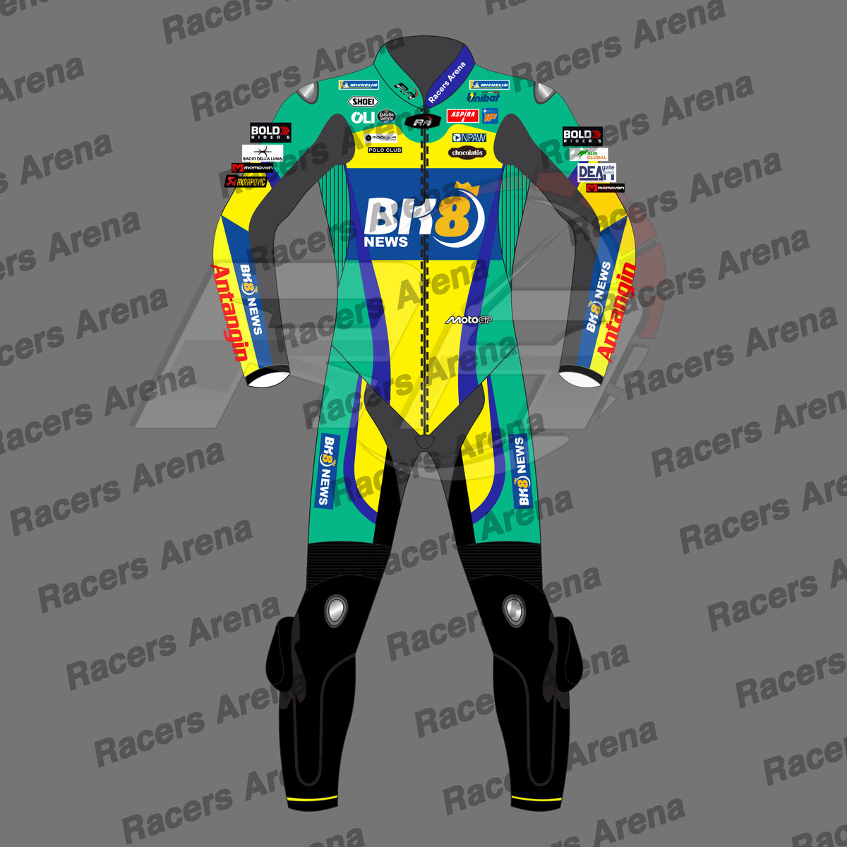 A full-body motorcycle racing suit shown front-facing on a gray background with repeated 'Racers Arena' watermark text. The suit is primarily black with large teal, yellow, and blue graphics, plus multiple sponsor logos and a central 'BK8 NEWS' chest graphic.