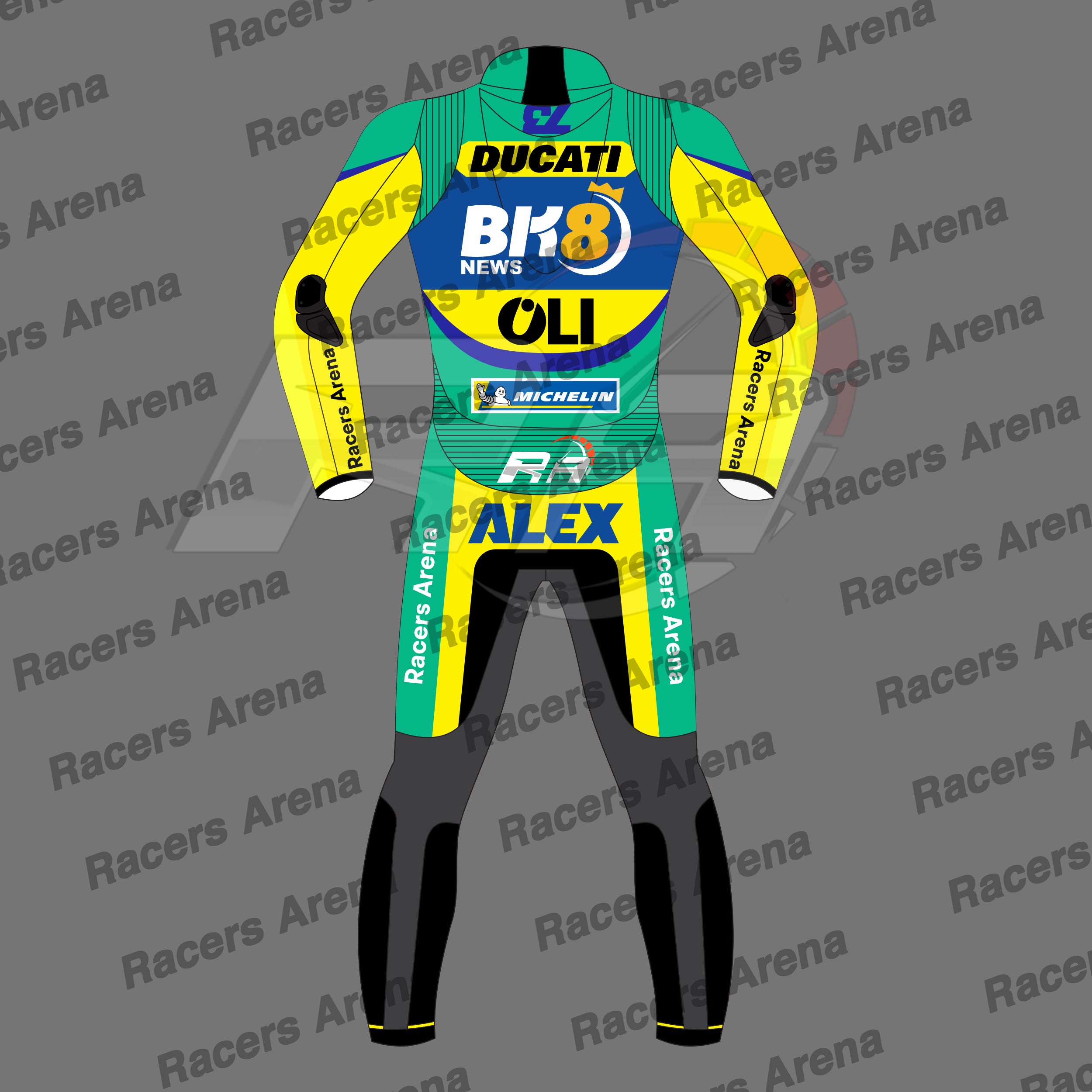 A full-body rear view of a racing suit or one-piece outfit shown on a gray background with repeated 'Racers Arena' watermarks. The garment is primarily teal/turquoise with bright yellow sleeves and side panels, plus black lower legs and large sponsor graphics including Ducati, BK8 News, OLI, Michelin, and ALEX.