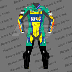 A full-body motorcycle racing suit shown front-facing on a gray background with repeated 'Racers Arena' watermark text. The suit is primarily black with large teal, yellow, and blue graphics, plus multiple sponsor logos and a central 'BK8 NEWS' chest graphic.