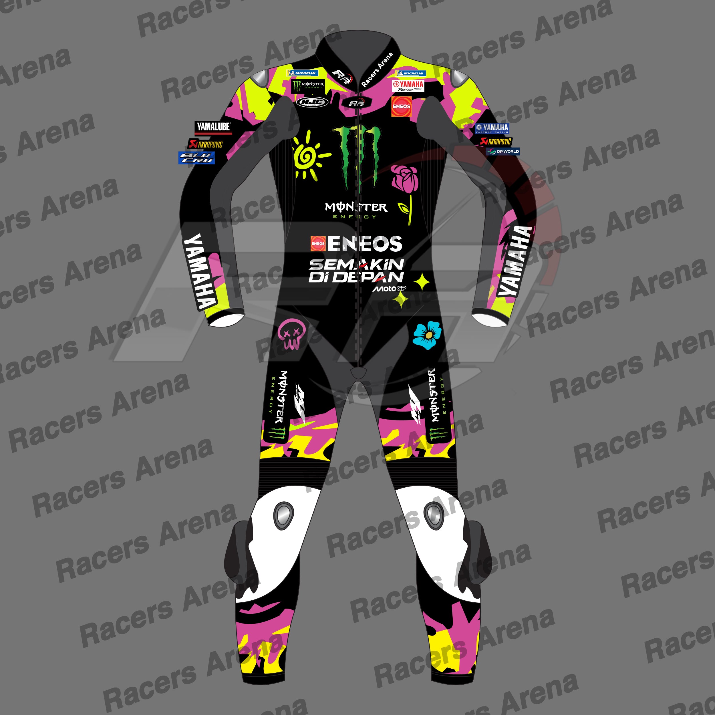 A full-body motorcycle racing suit shown front-facing on a gray background with repeated 'Racers Arena' watermark text. The suit is predominantly black with bright neon pink, yellow, and white graphics and sponsor logos including Monster Energy, Yamaha, ENEOS, and Semakin Didepan.