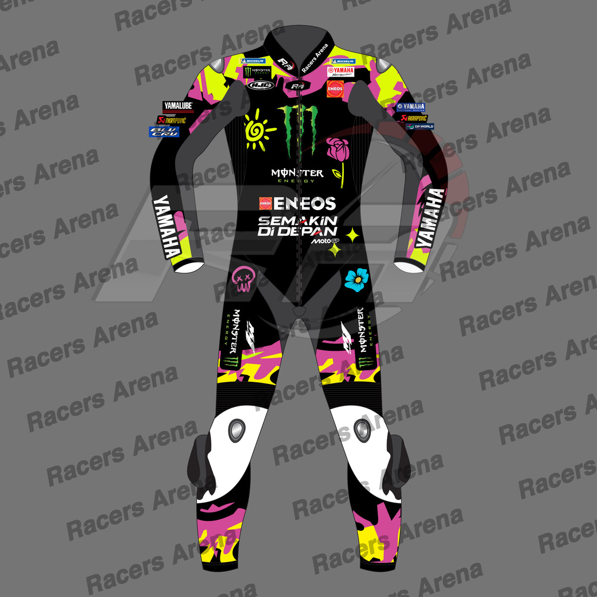 A full-body motorcycle racing suit shown front-facing on a gray background with repeated 'Racers Arena' watermark text. The suit is predominantly black with bright neon pink, yellow, and white graphics and sponsor logos including Monster Energy, Yamaha, ENEOS, and Semakin Didepan.