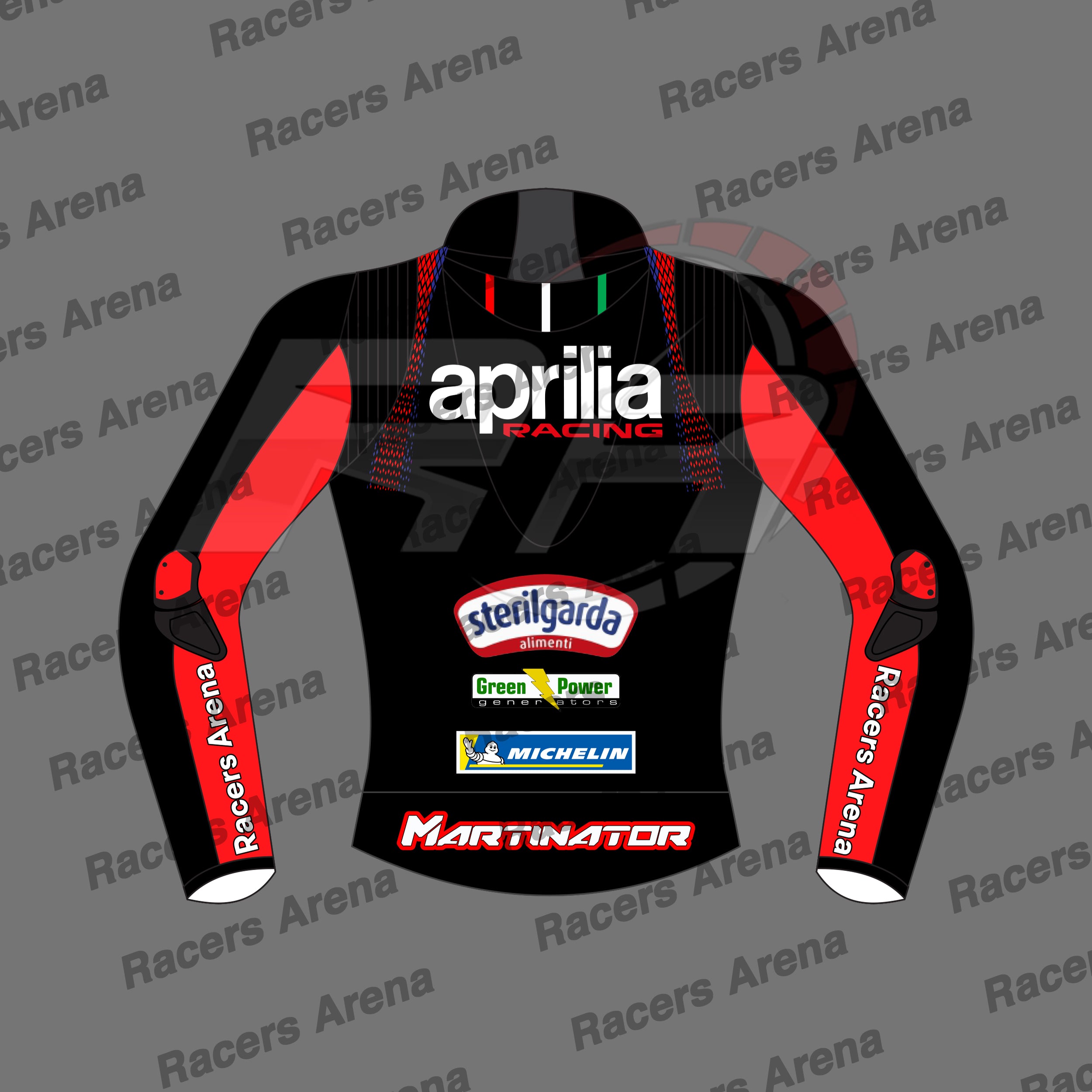 A black and red long-sleeve racing jersey mockup with sponsor logos including Aprilia Racing, Sterilgarda, Michelin, and Martinator, displayed on a gray background with a repeated 'Racers Arena' watermark.
