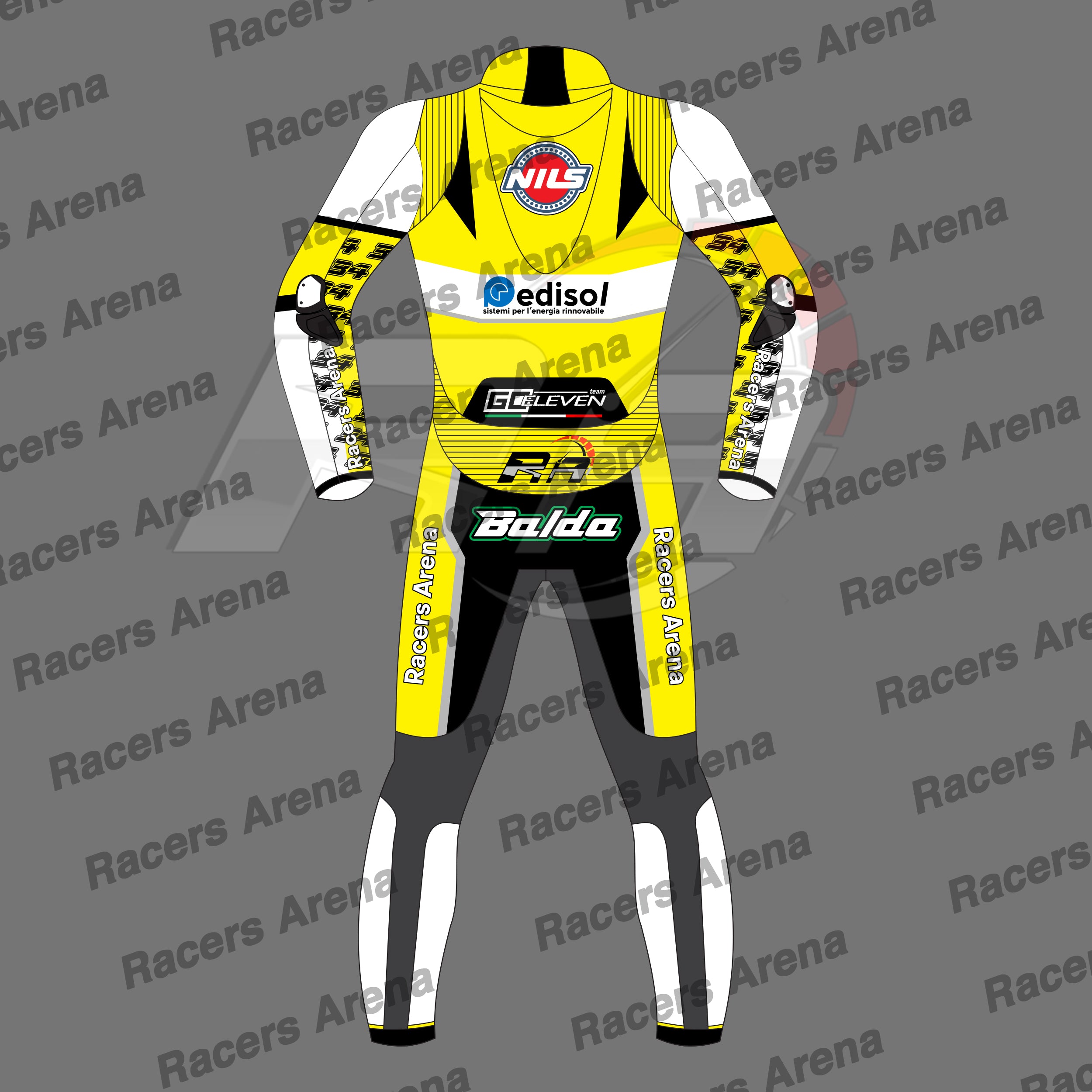 A full-body racing suit mockup shown from the back, featuring a yellow, white, and black color scheme with sponsor logos including Nils, edisol, GO:EVER, and Balda, set against a gray background with 'Racers Arena' watermarks.