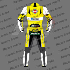 A full-body racing suit mockup shown from the back, featuring a yellow, white, and black color scheme with sponsor logos including Nils, edisol, GO:EVER, and Balda, set against a gray background with 'Racers Arena' watermarks.