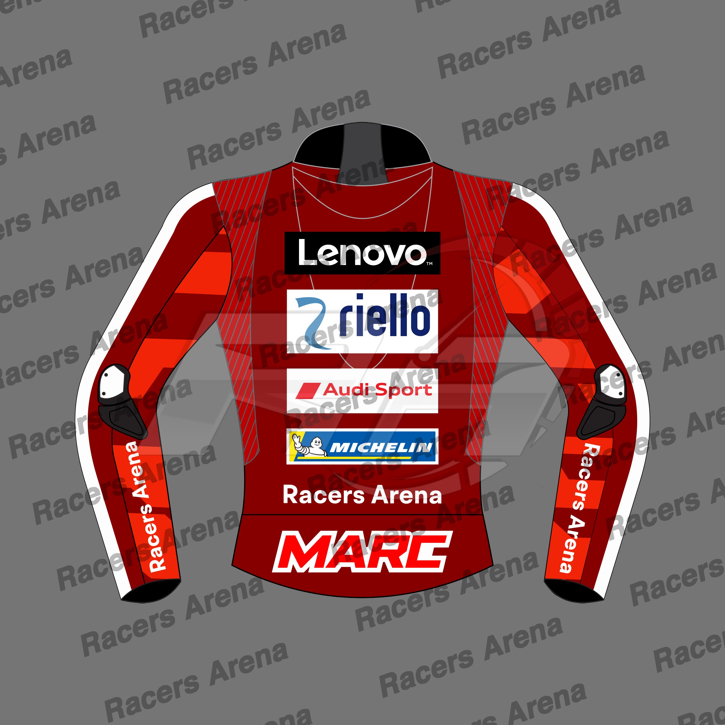 A red and black racing jacket mockup with sponsor logos including Lenovo, Riello, Audi Sport, Michelin, and Racers Arena, displayed on a gray background with diagonal watermarks.