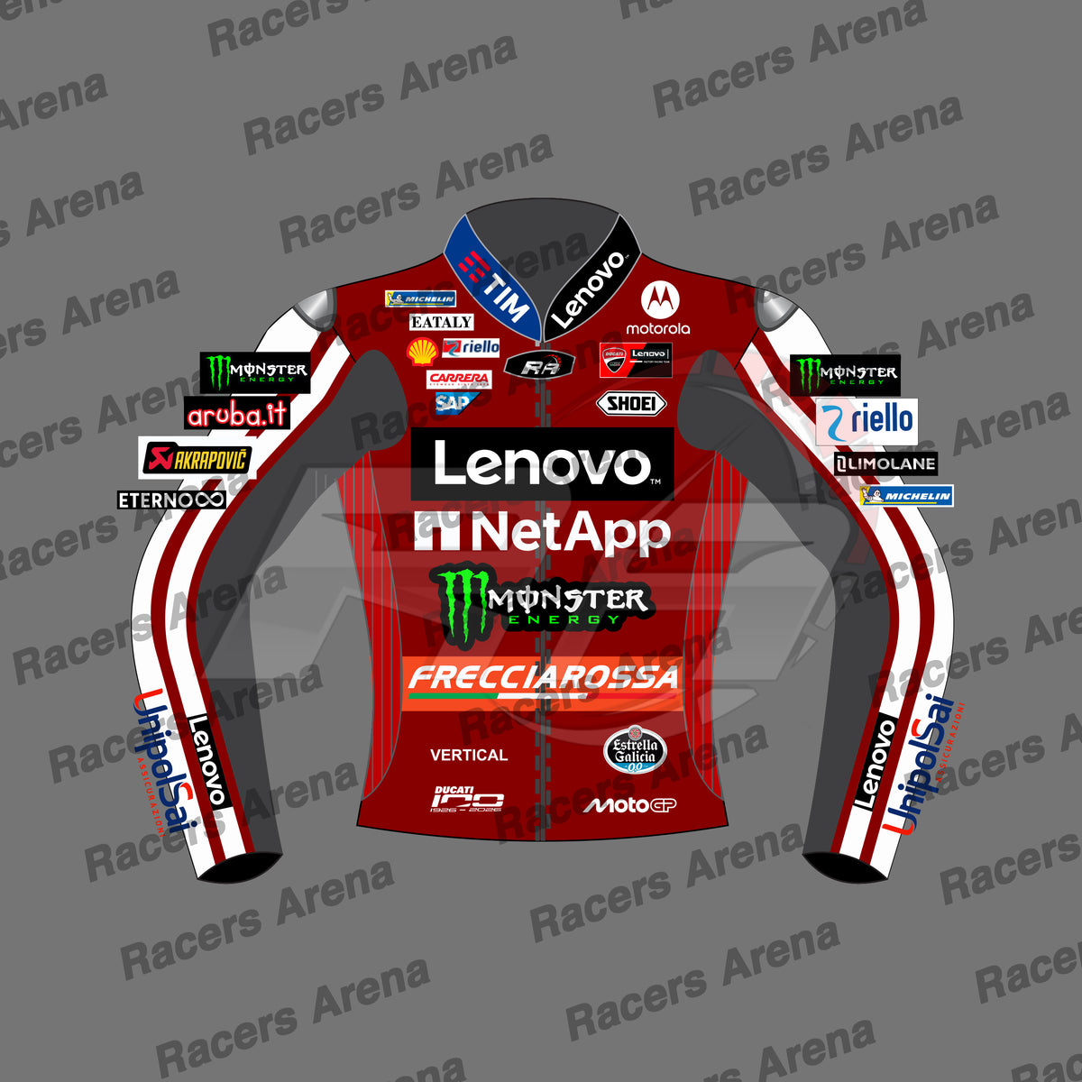 A red and white racing team jacket mockup with sponsor logos including Lenovo, Monster Energy, and Frecciarossa, displayed on a gray background with 'Racers Arena' watermarks.
