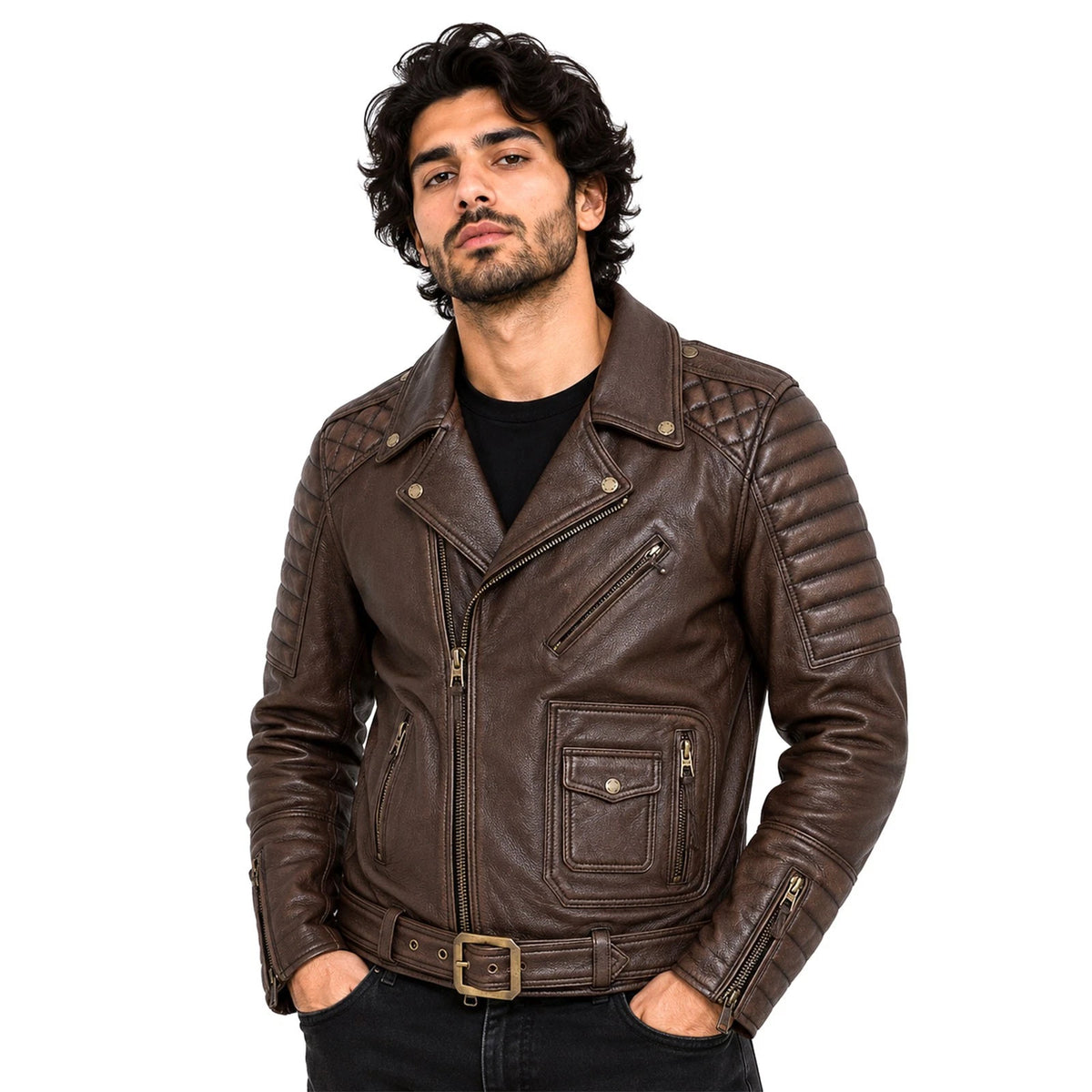 Men’s Genuine Cowhide Leather Motorcycle Jacket with Quilted Sleeves
