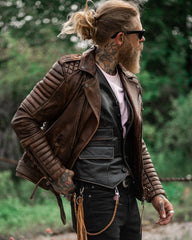Men’s Genuine Cowhide Leather Motorcycle Jacket with Quilted Sleeves 3