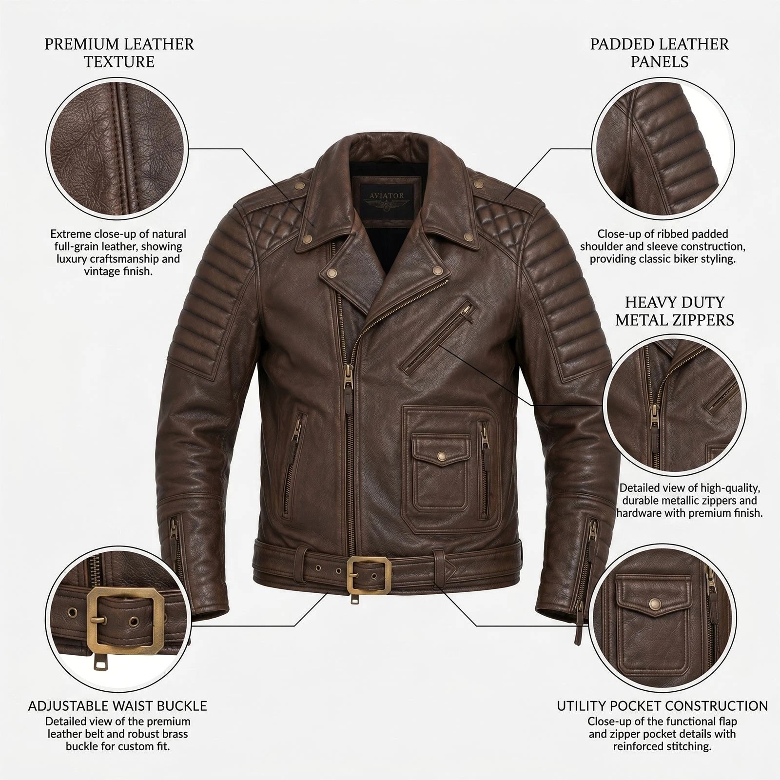 Men’s Genuine Cowhide Leather Motorcycle Jacket with Quilted Sleeves 5