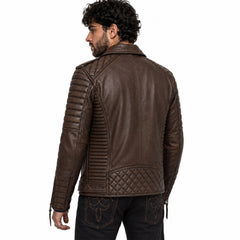 Men’s Genuine Cowhide Leather Motorcycle Jacket with Quilted Sleeves 4