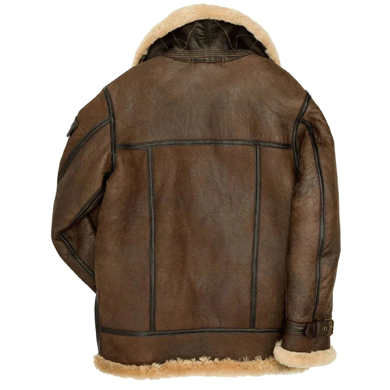 A brown leather aviator jacket with beige shearling lining, shown from the back against a white background.