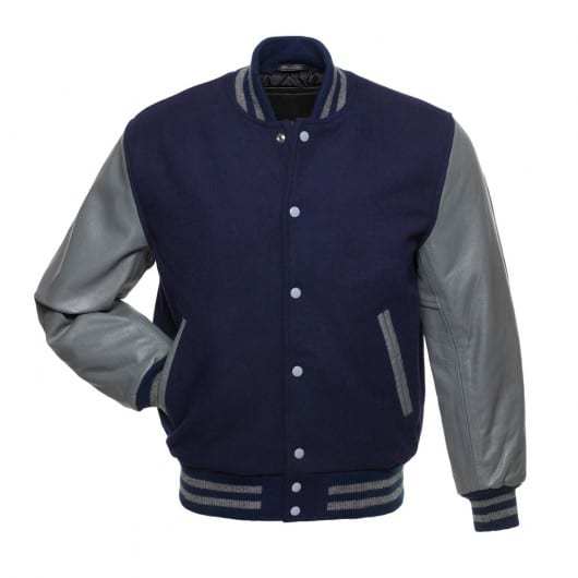 Marineblaue Collegejacke mit grauen Lederärmeln 