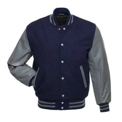 Marineblaue Collegejacke mit grauen Lederärmeln 