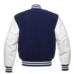 Navy Blue Letterman Jacket with White Leather Sleeves Back